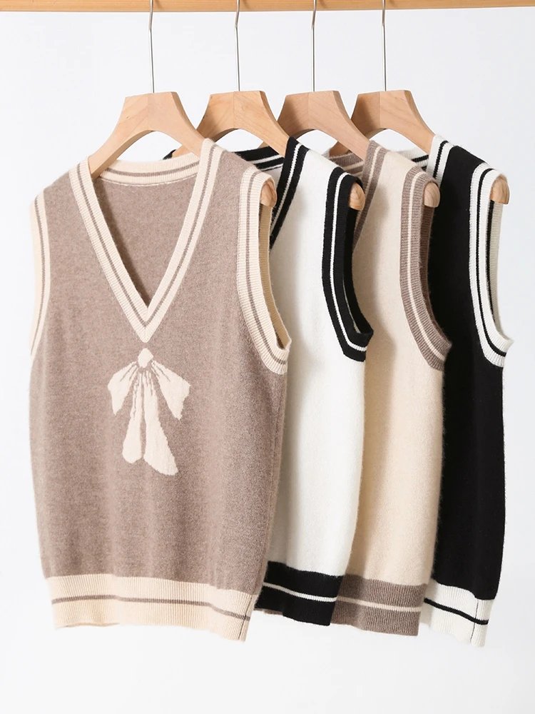 100% Cashmere V-neck Waistcoat For Women Bow knot jacquard knitwear Sleeveless Pullover Sweater Women Clothing Korean Vest