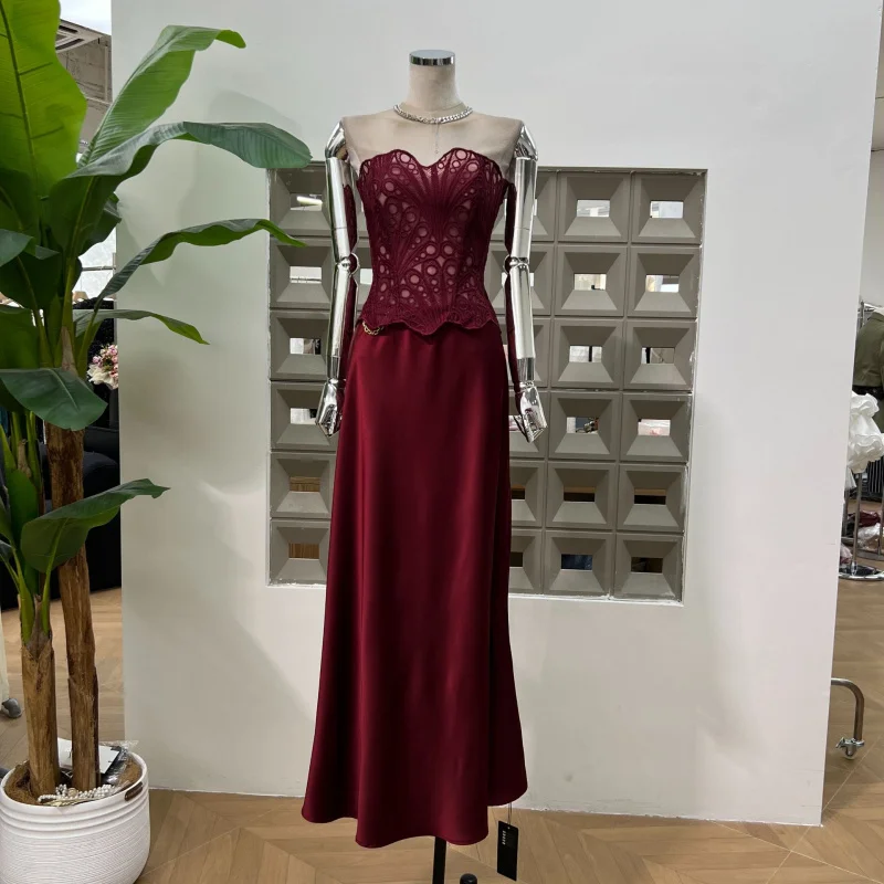 

Elegant Lady Slim Fit Summer Fishbone Strapless Lace-Up Bra+Acetate Satin Long Skirt Date Outfit