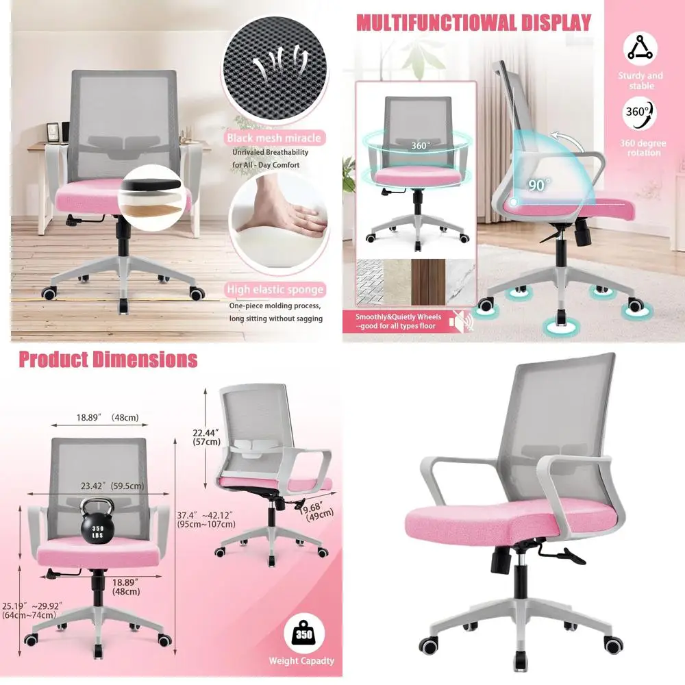 

Ergonomic Breathable Mesh Office Chair with Lumbar Support and Adjustable Height for Home, Office, and Study (Pink)