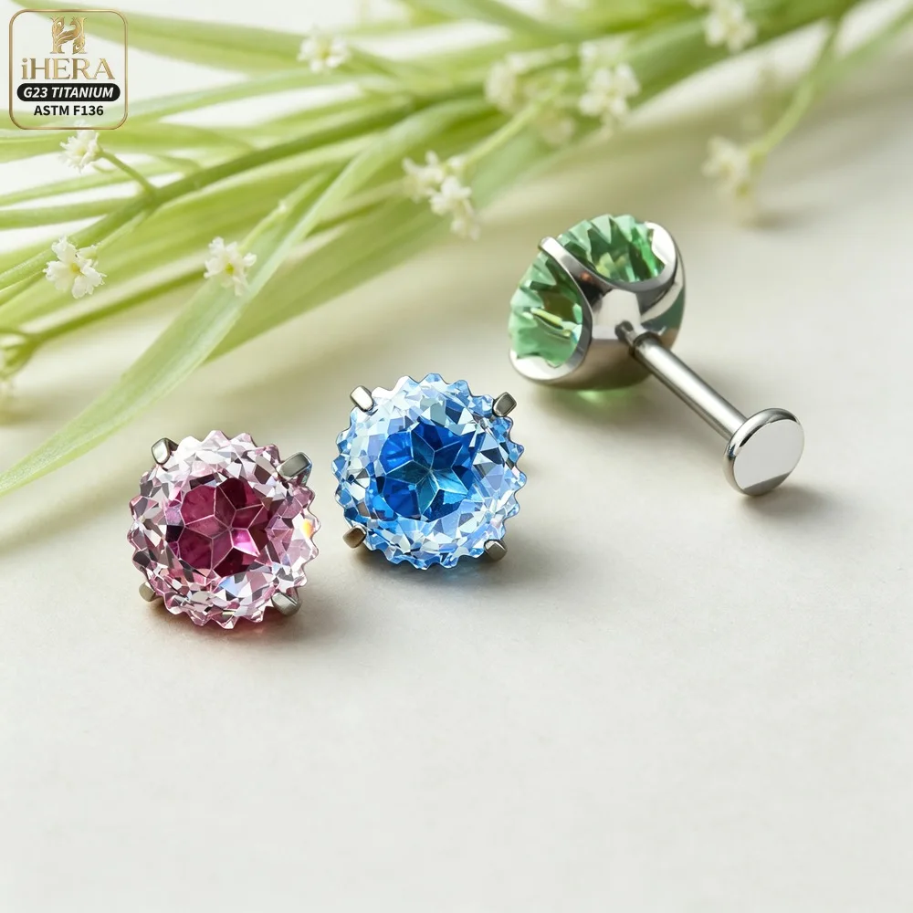 Sparkly CZ Inlaid F136 Titanium Piercing Round Crystal Flat Back Stud Helix Conch Tragus Eyebrow Lip Nose Jewelry Wholesale