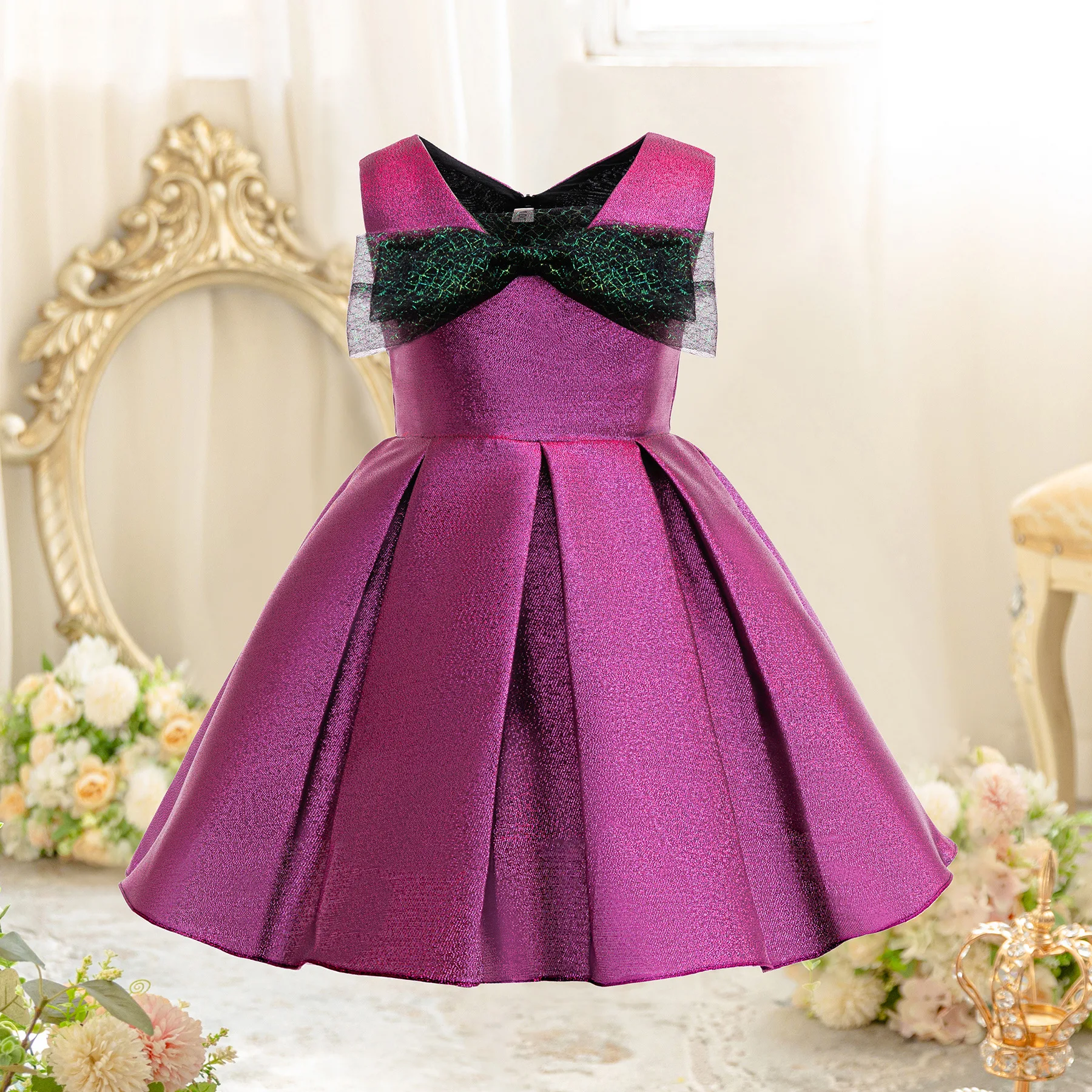 

Elegant Vintage Party Dress For Flower Girls Shiny Sleeveless Lace Bow Dress For Children Wedding Birthday Pageant Prom Gown