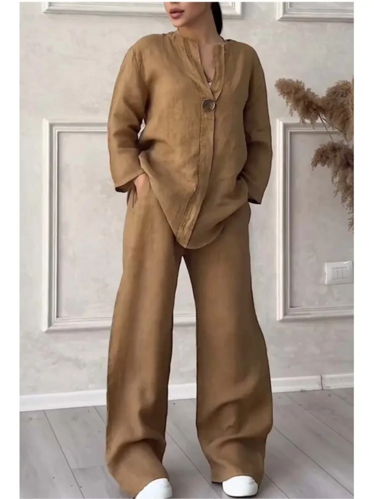 Spring Autumn Fashion Cotton And Linen Solid Two Piece Set Women Causal Loose V-neck Top Wide Leg Pants 2 Piece Sets Woman