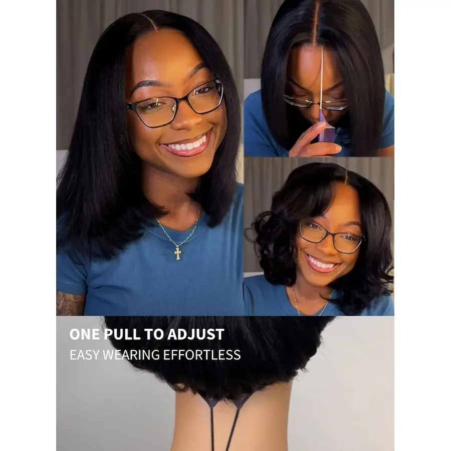 Wig Bob Rambut Asli Yaki Lurus 12 Inch, Model Drawstring, Tanpa Lem, Siap Pakai, 7x5 Bye Bye Knots, Pre Plucked, PreCut Lace Closure