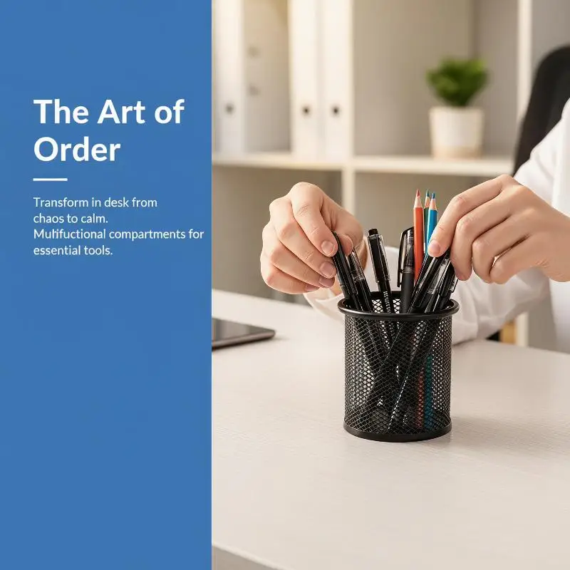 Metal Mesh Black Desktop Pen Holder Square Round Pencil Pot for Office School Stationery Storage Non-Slip Base