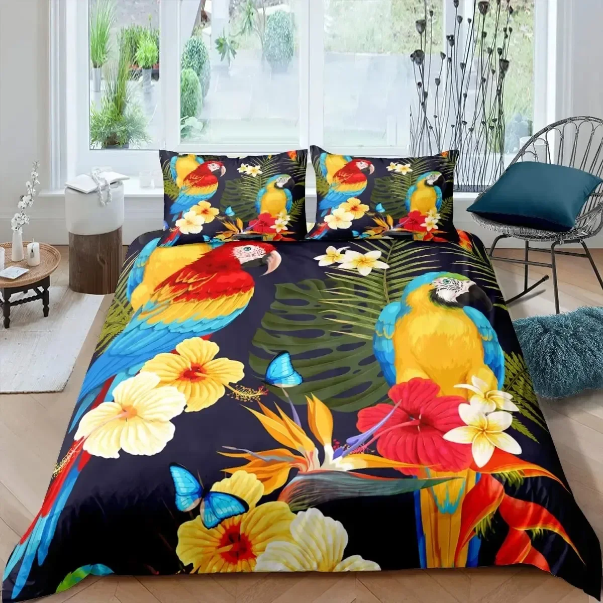 Parrot King Queen Bedding Set Cute Birds Colourful Feather Duvet Cover Tropical Flowers Comforter Cover Polyester Quilt Cover