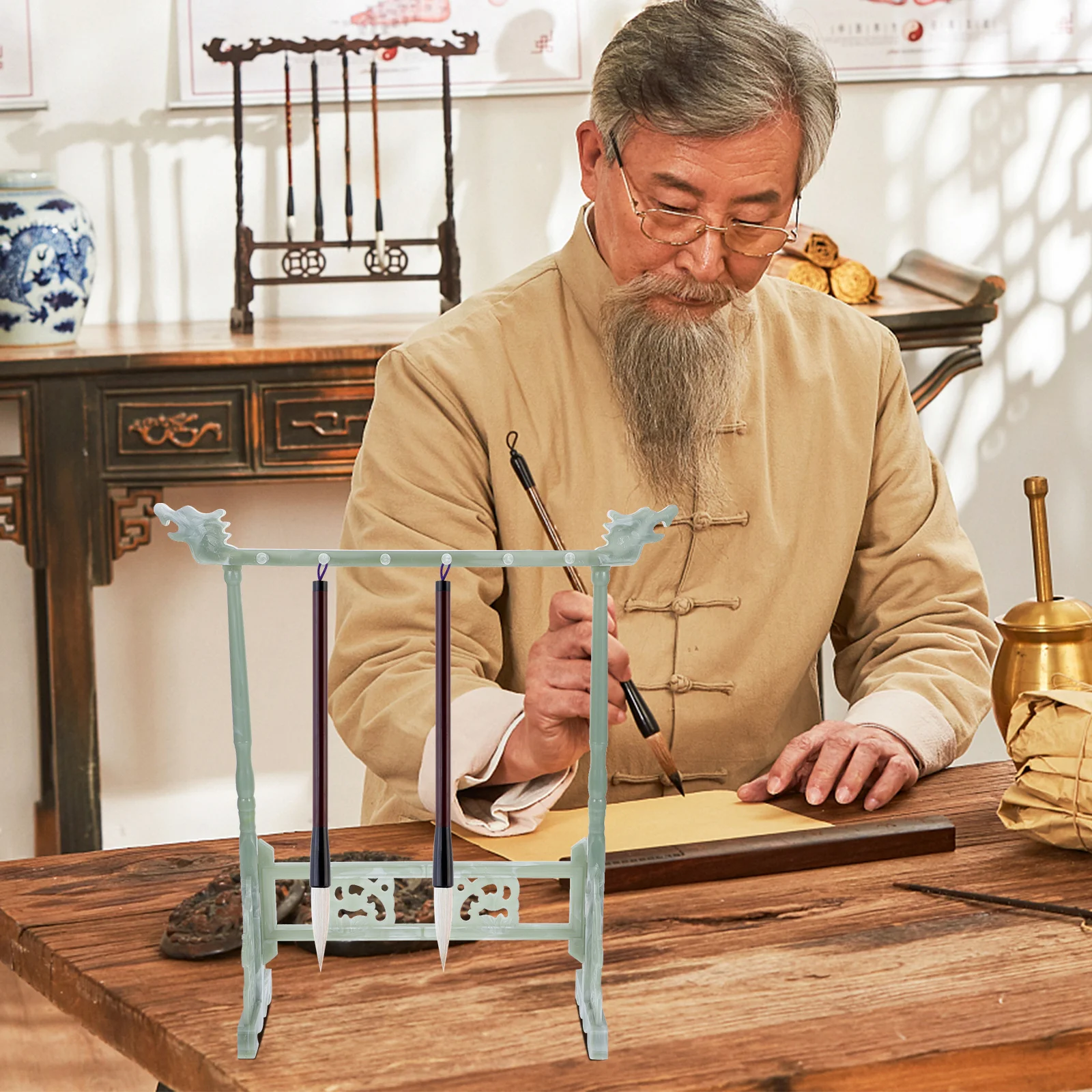 حامل فرشاة الخط البلاستيك صف مزدوج رف معلق لأقلام الرسم بالحبر اليابانية فرشاة التخزين المنظم قلم المنزل #6