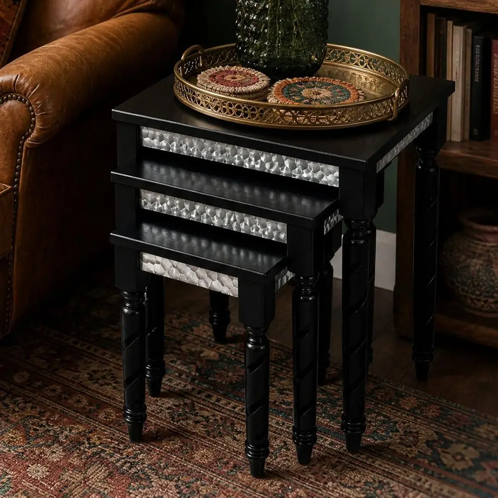 

Modern 3-Piece Nesting Tables - Durable Veneer Top, Spiral Legs, Hexagonal Silver Apron, Perfect for Living Room, Bedroom, and S