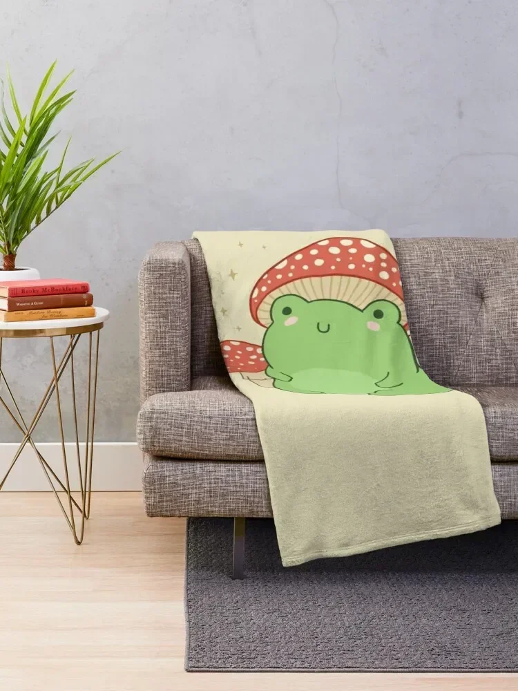 Kawaii Frog with Mushroom Hat and Toadstools - Cottagecore Aesthetic Froggy - Chubby Amanita Muscaria Forest Theme Throw Blanket