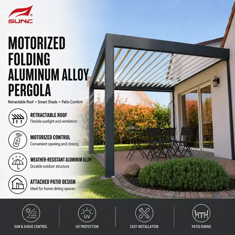 for Remote Controlled Motorized Louver Pergola Retractable Sun Ventilation Roof Weather Resistant Attached Patio Outdoor