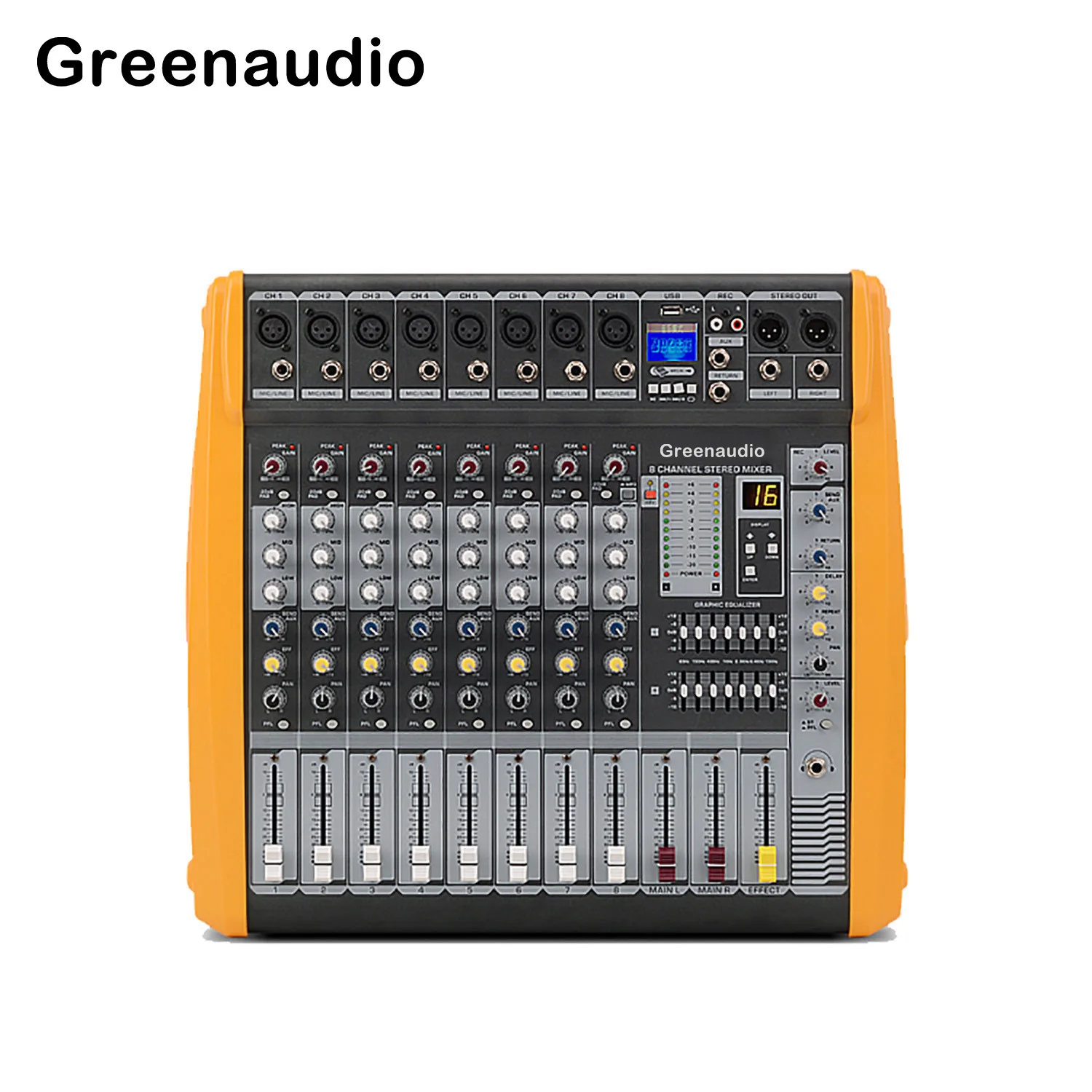 GAX-PM8 Professional 8-Channel High-Power Audio Mixer With Integrated Amplifier, Yellow Side Panel Mixer