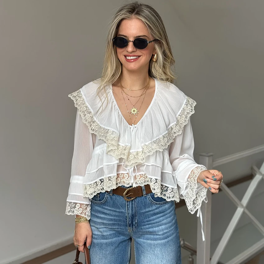 

Linad Vintage White Butterfly Sleeve Lace Blouse Woman Summer Sexy Sheer Chiffon Tops Street Lace Up Embroidery Shirts 2025 Fall
