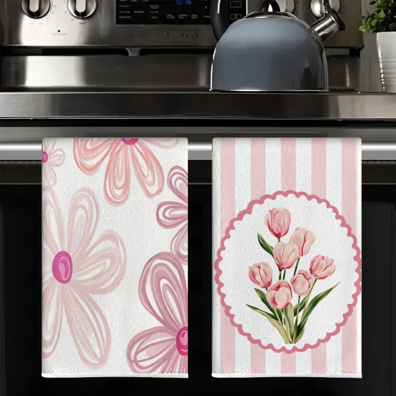 4Pcs, Pink and White Striped Tulip Kitchen Towels, 40Cm*60Cm Towel Set, Best Kitchen Towels, Super Absorbent Soft Cleaning Cloth, Cooking and Baking Tea Towels, Hand Towels, Cleaning Cloths, Dishcloths, Kitchen Decor, Living Room Decorations, Kitchen Essentials, Home Essentials