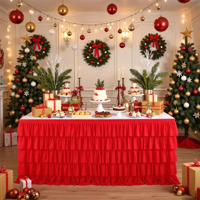 New Five Layer Red Cake Table Skirt Christmas Decoration High-end Atmosphere Birthday Party Wedding Party Table Skirt Reusable