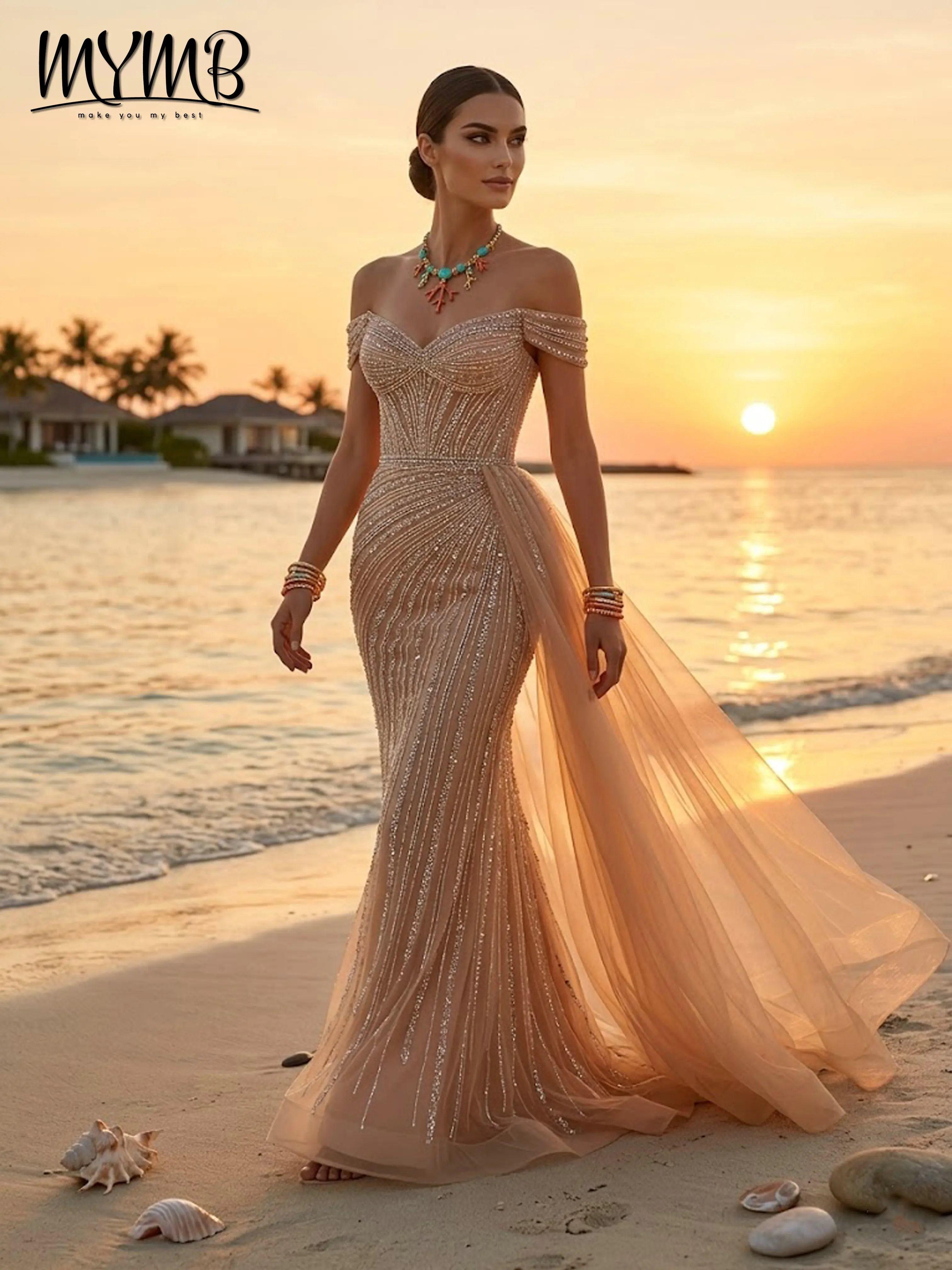 

MYMB Luxury Champagne Beaded Evening Dresses Off Shoulder Sweetheart Mermaid Prom Gown with Tulle Train for Formal Party MC20135