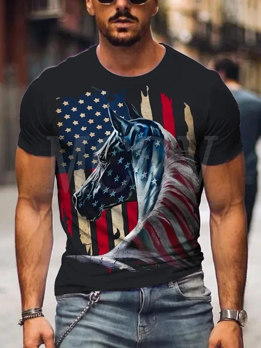 

2023 Summer Men's Happy Independence Day Flag Art Horse T-Shirt The Colorful The Best He Him Hole LGBT3D Printed T Shirt