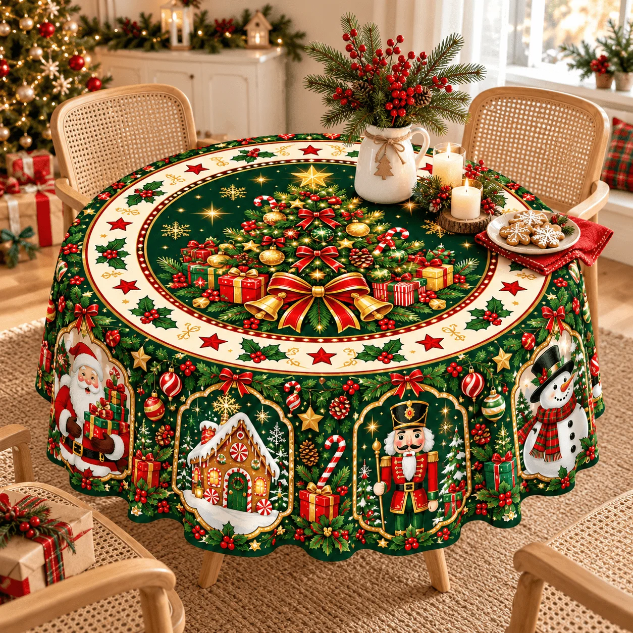 1-Piece Christmas Round Tablecloth, Vintage Christmas Table Cover with Santa, Snowman, Gingerbread House and Christmas Tree
