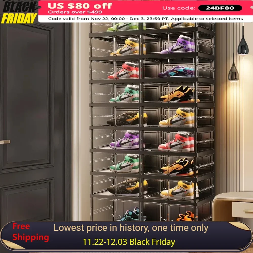 Foldable Shoe Rack 9-Tie with Door Plastic Shoe Cabinet Bins with Lids Shoes Stackable Clear Shoe Storage Boxes Organizer