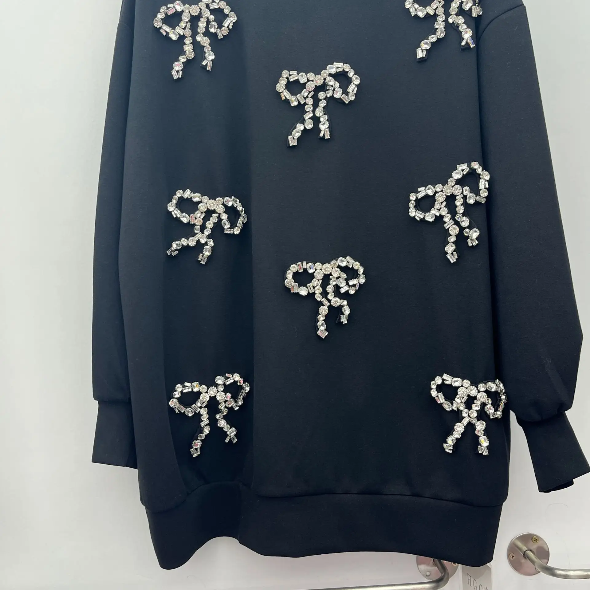 American Fashion Streetwear Heavy Industry Diamond Bow Oversized Pullovers Tops Sports Casual Loose Sweatshirt Women Autumn 2025