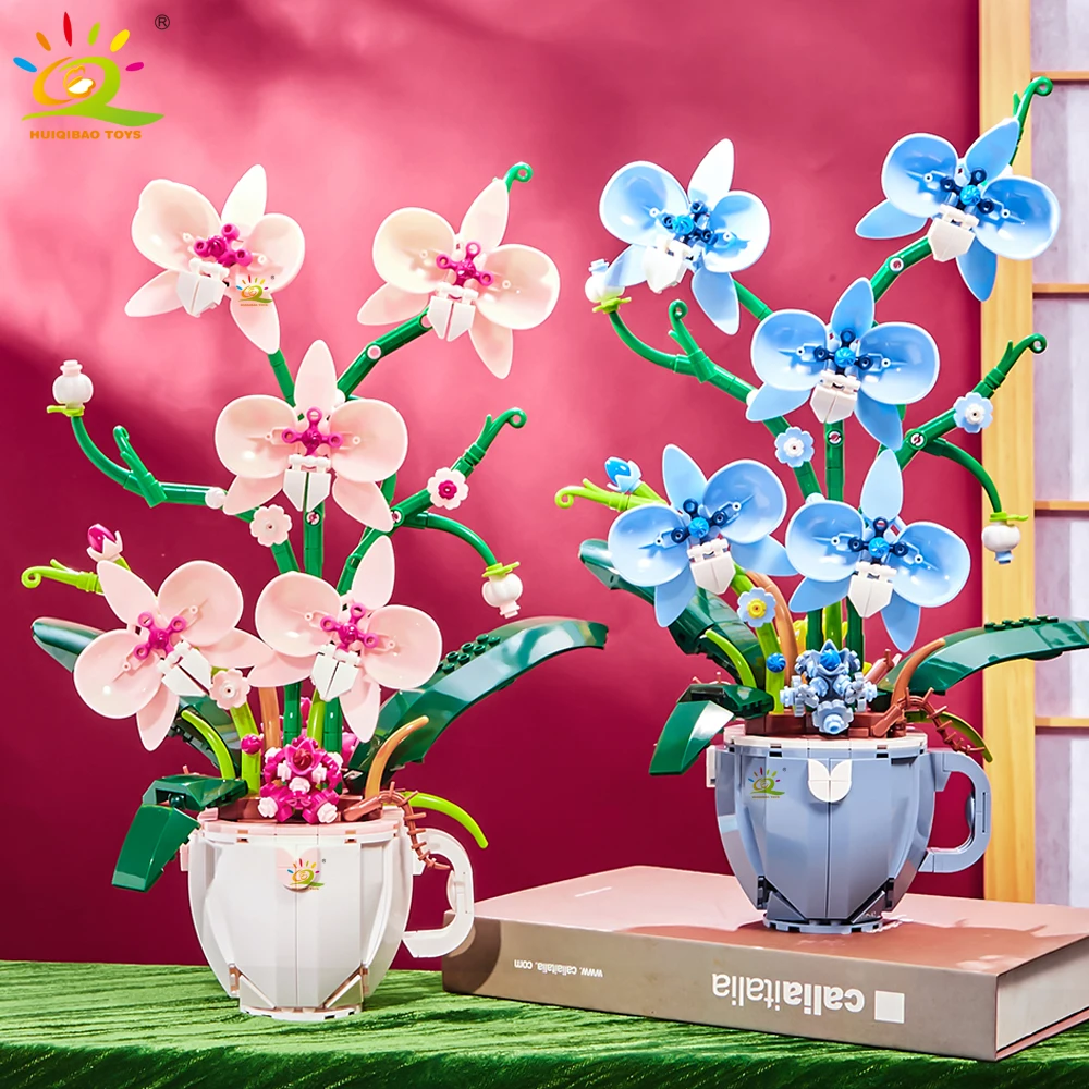 HUIQIBAO Flower Orchid Coffee Cup Potted Building Blocks 3D Bouquet MOC Bricks Construction Toys DIY Home Desk Plant Decoration