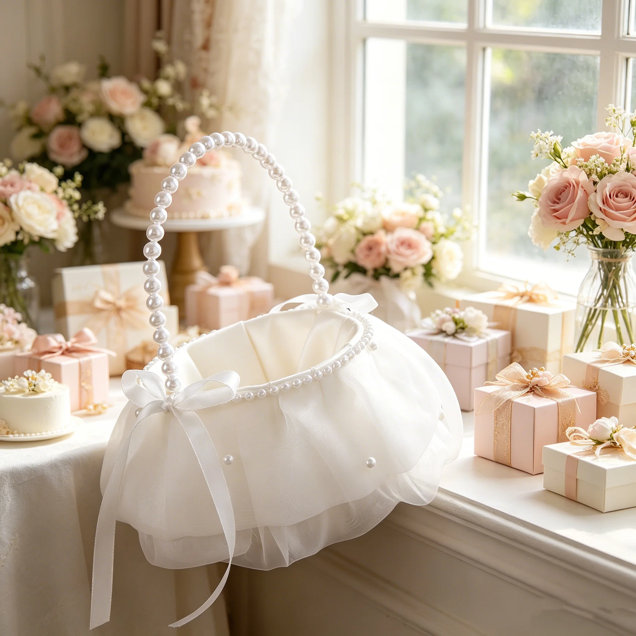 A gentle and romantic garden wedding with a shabby chic decoration and the flower baskets for the flower girls