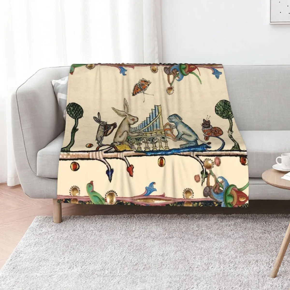 WEIRD MEDIEVAL BESTIARY MAKING MUSIC,White Rabbit And Dog Playing Organ,Harpist Hare,Snail Cat Throw Blanket Plush Blankets