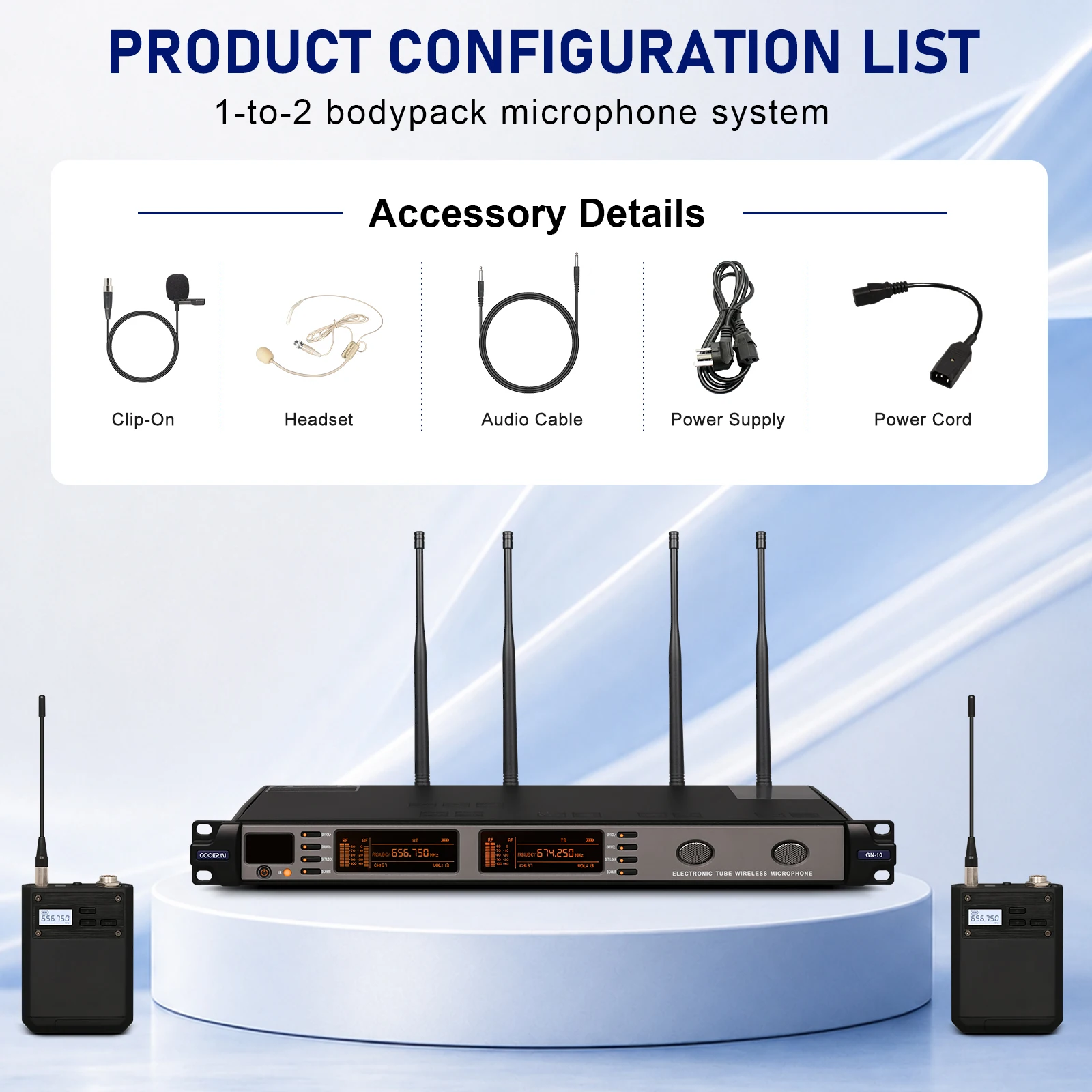 GOOERMI GN20 Professional UHF Wireless Microphone System Dual Channel Receiver 4 Antenna Handheld Bodypack Mic 100m Stage Karaok