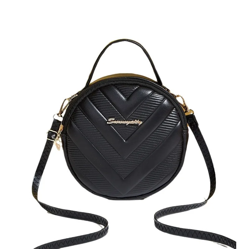 Solid Color Handheld Ladies Bags Small Round Bag 2024 New Fashion Versatile V-Pattern Diagonal Straddle Small Fresh Shoulder Bag