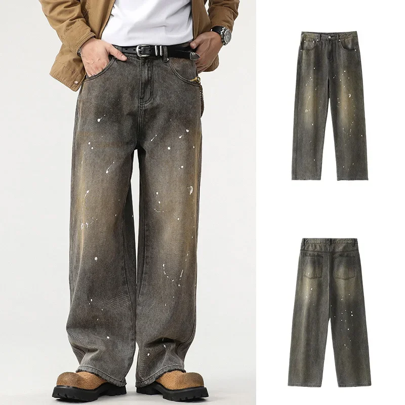 

Men Cityboy Wide Leg Jeans Trousers Streetwear Fashion Loose Casual Vintage Painted Straight Denim Baggy Jeans Pants
