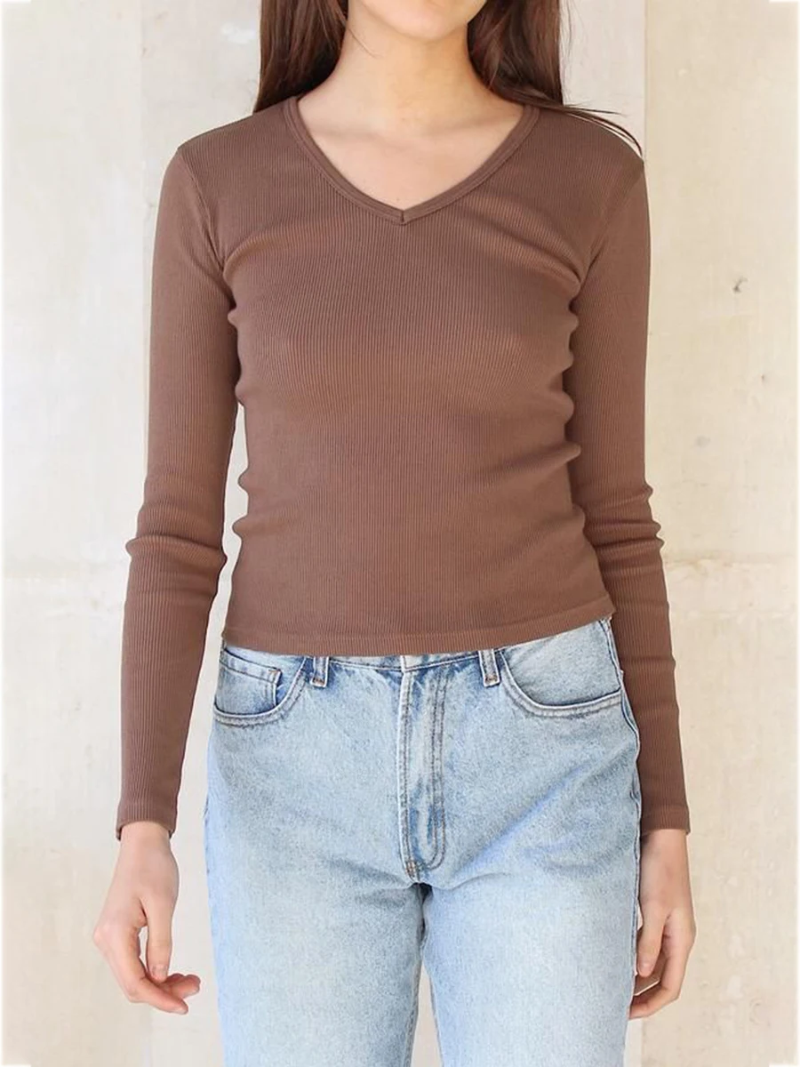 

Простая однотонная облегающая футболка, Женская Весенняя трикотажная футболка с V-образным вырезом и длинным рукавом, женские винтажные повседневные Модные хлопковые топы Y2k, 2023