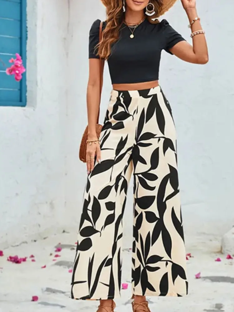 

Casual Print 2 Ppiece Sets For Women Fashion O Neck Short Sleeve+High Waist Wide Leg Pants Set Lady Holiday Womens Clothing New