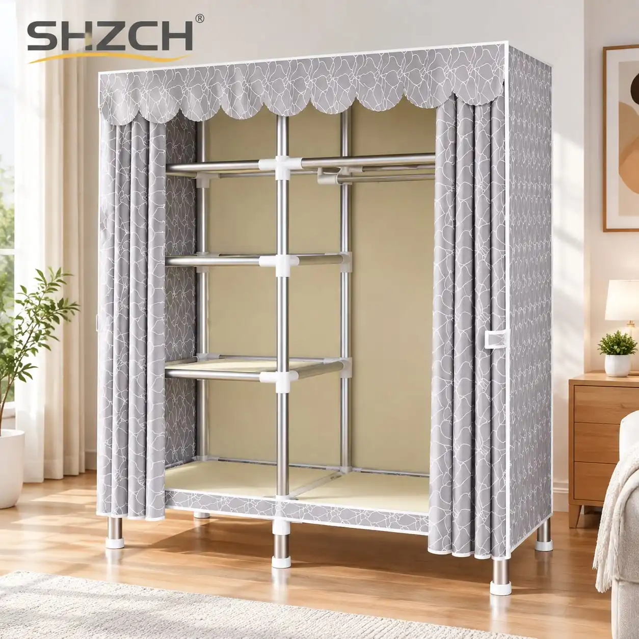 ‌Portable Fabric Closet, Multi-Tier Steel Wardrobe, Rust-Resistant Compact Cabinet Waterproof Storage Organizer with Multi-Colo