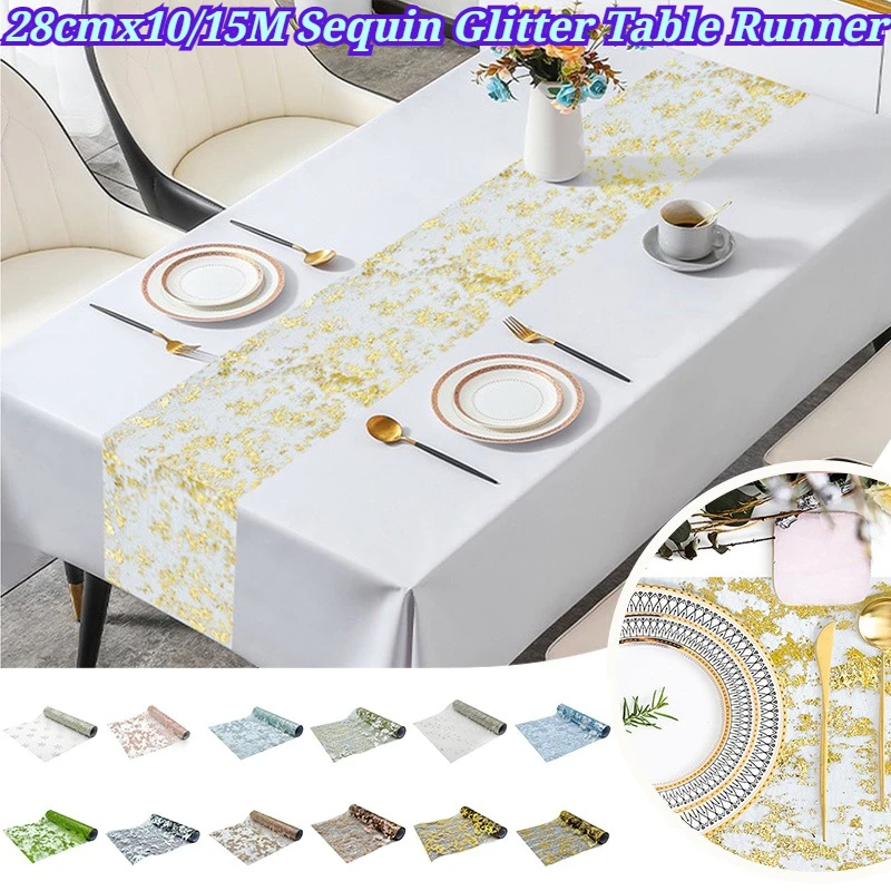 28cmx10/15M Sequin Glitter Table Runner Metallic Mesh Gold Fabric for Table Decor Christmas Wedding Birthday Supplies Decoration