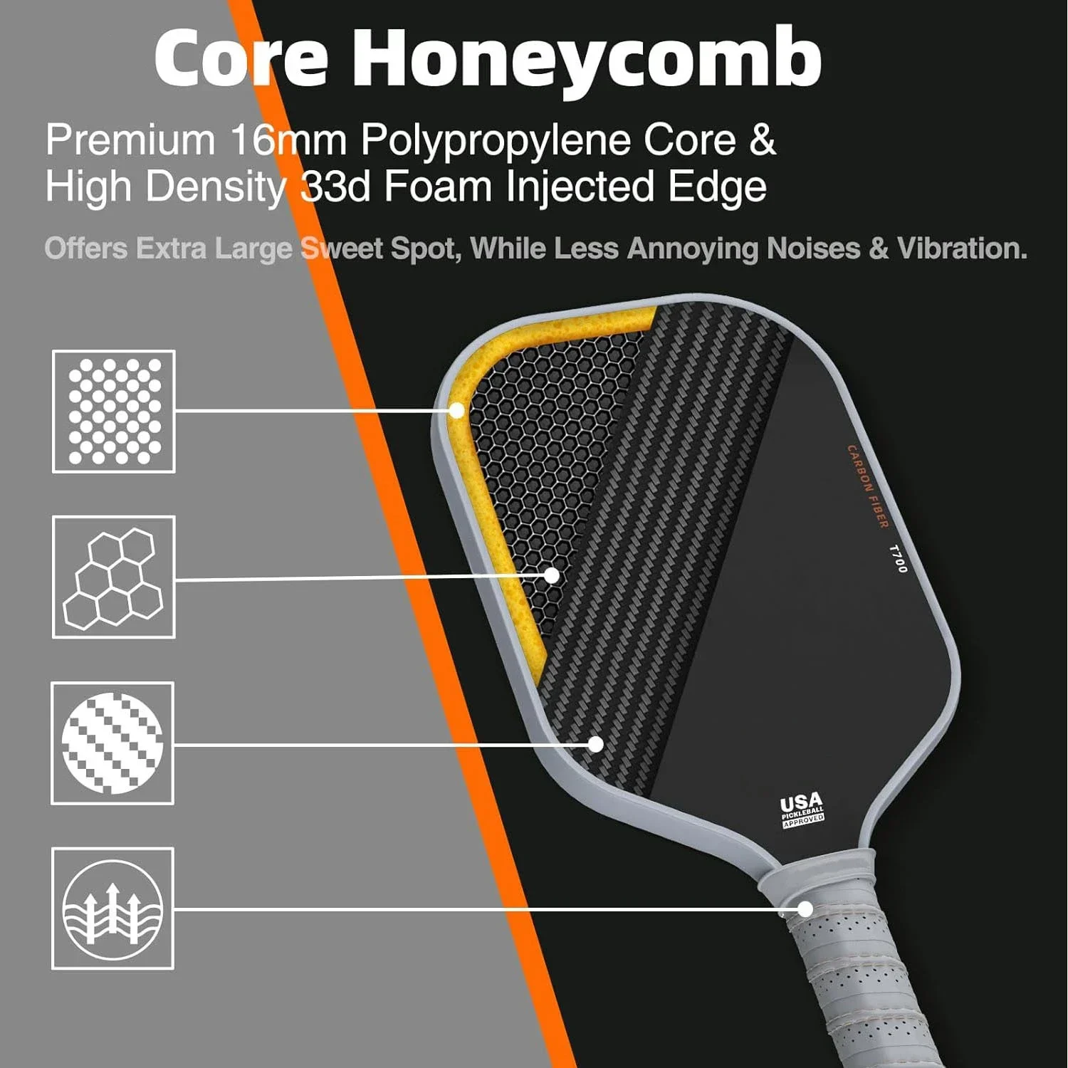 T700 Carbon Fiber Pickleball Paddle Surface 16MM PP Honeycomb Core High Performance Enhanced Power&Control Anti-slip Hand Grip