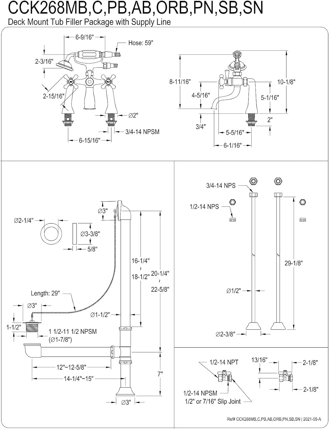 Cck268C Vintage Deck Mount Clawfoot Tub Faucet Package, Polished Chrome 7 Inch