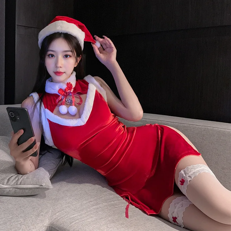 

New sexy pajamas women's Christmas suit straps Christmas costume women's hooded side open pure desire nightdress high-end suit