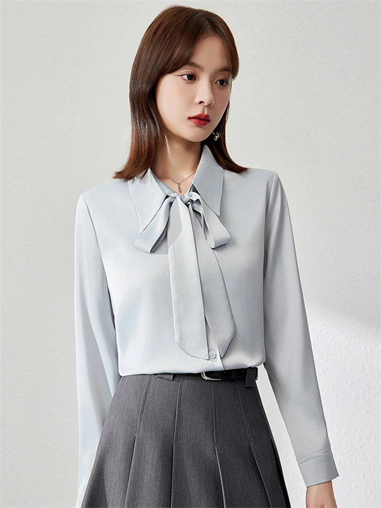 

Элегантная синяя блузка с длинным рукавом для женщин, профессиональная, с воротником и бантом, антивозрастная, прямого кроя, из смесового полиэстера