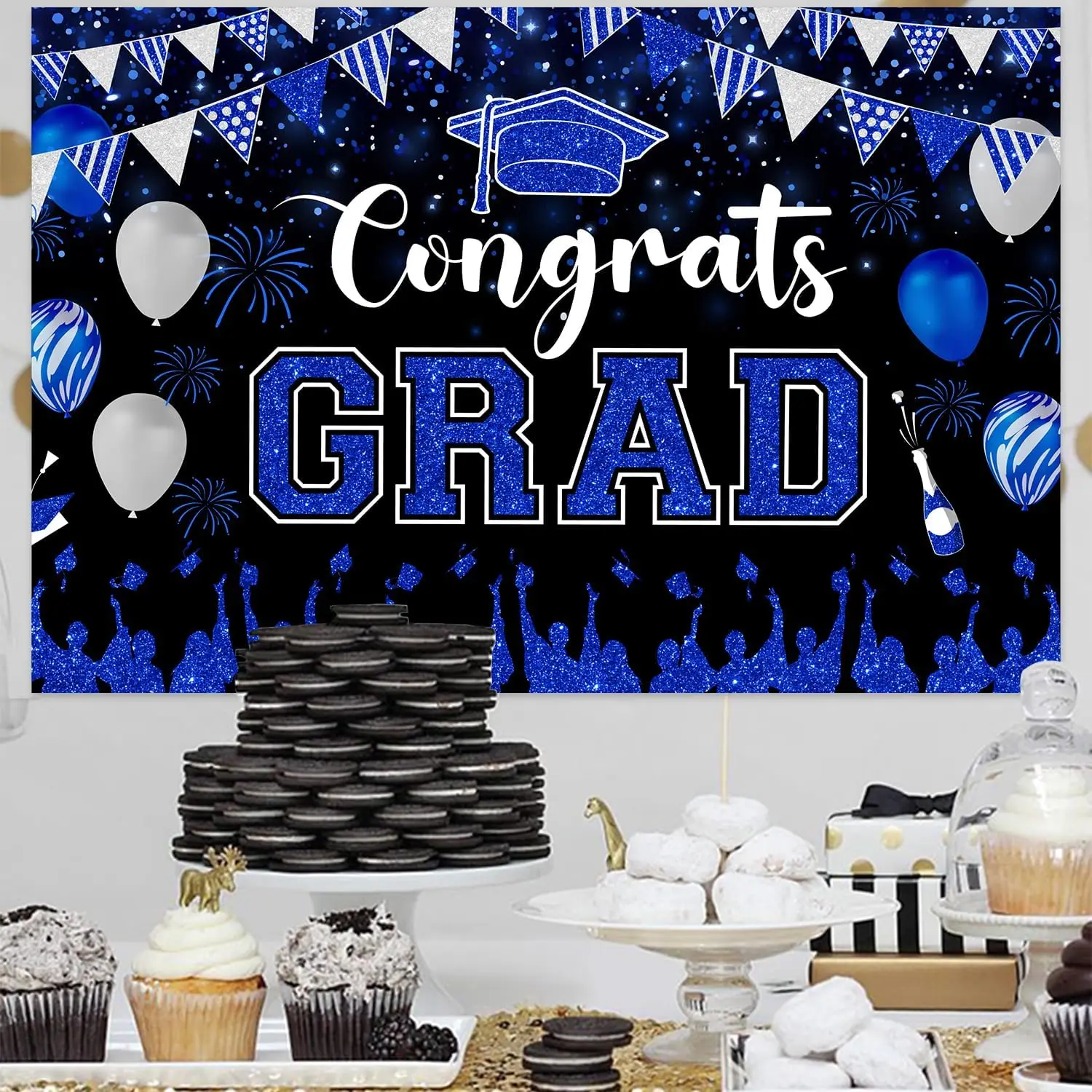 Funmemoir 5*3ft 2024 Blue Black Congrats Grad Graduation Background Cloth Glitter Printed Bachelor Cap for Congrats  Party Decor