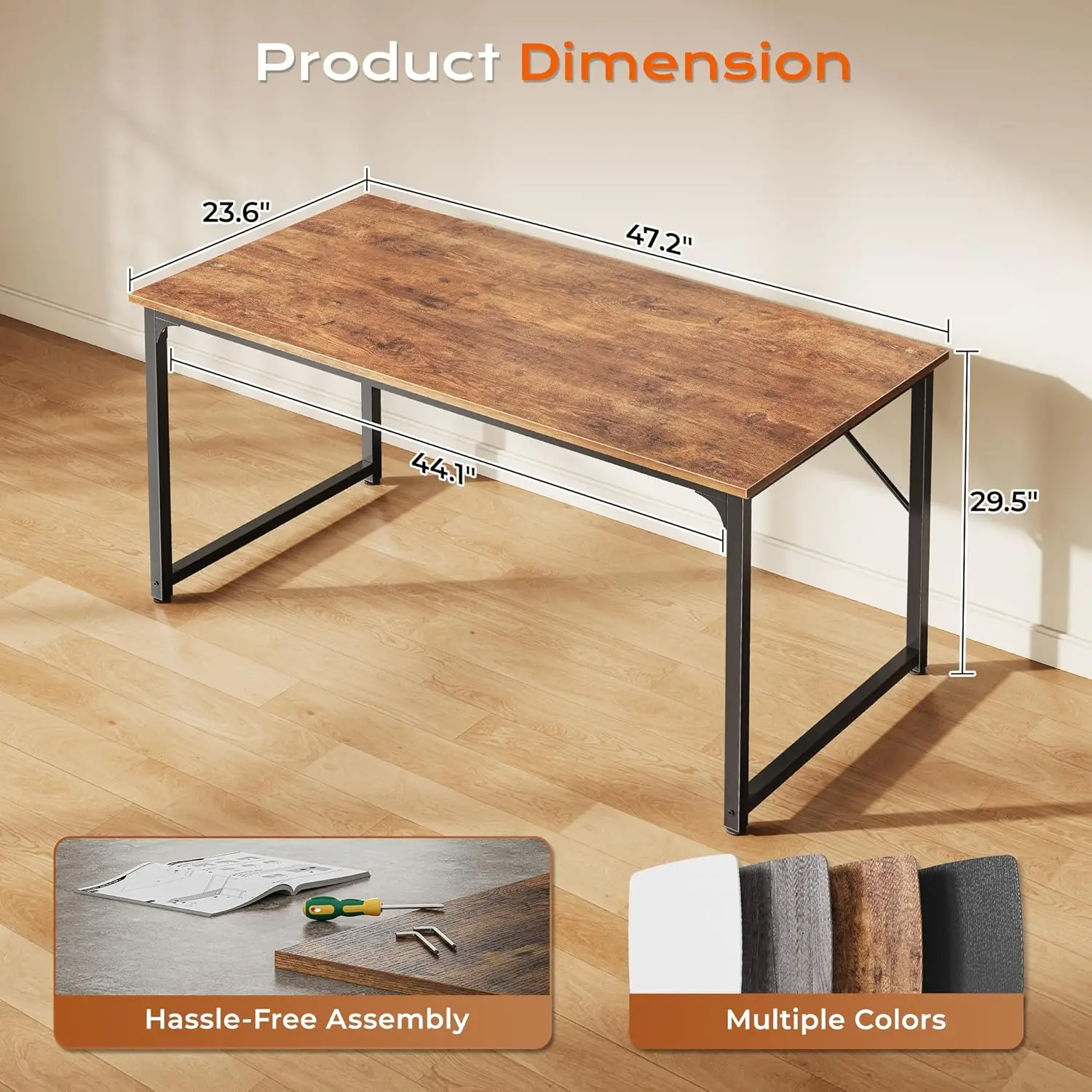 Rustic Brown 47 X 24 Inch Computer Desk for Home Office and Gaming, with Deeper Desktop and Metal Frame