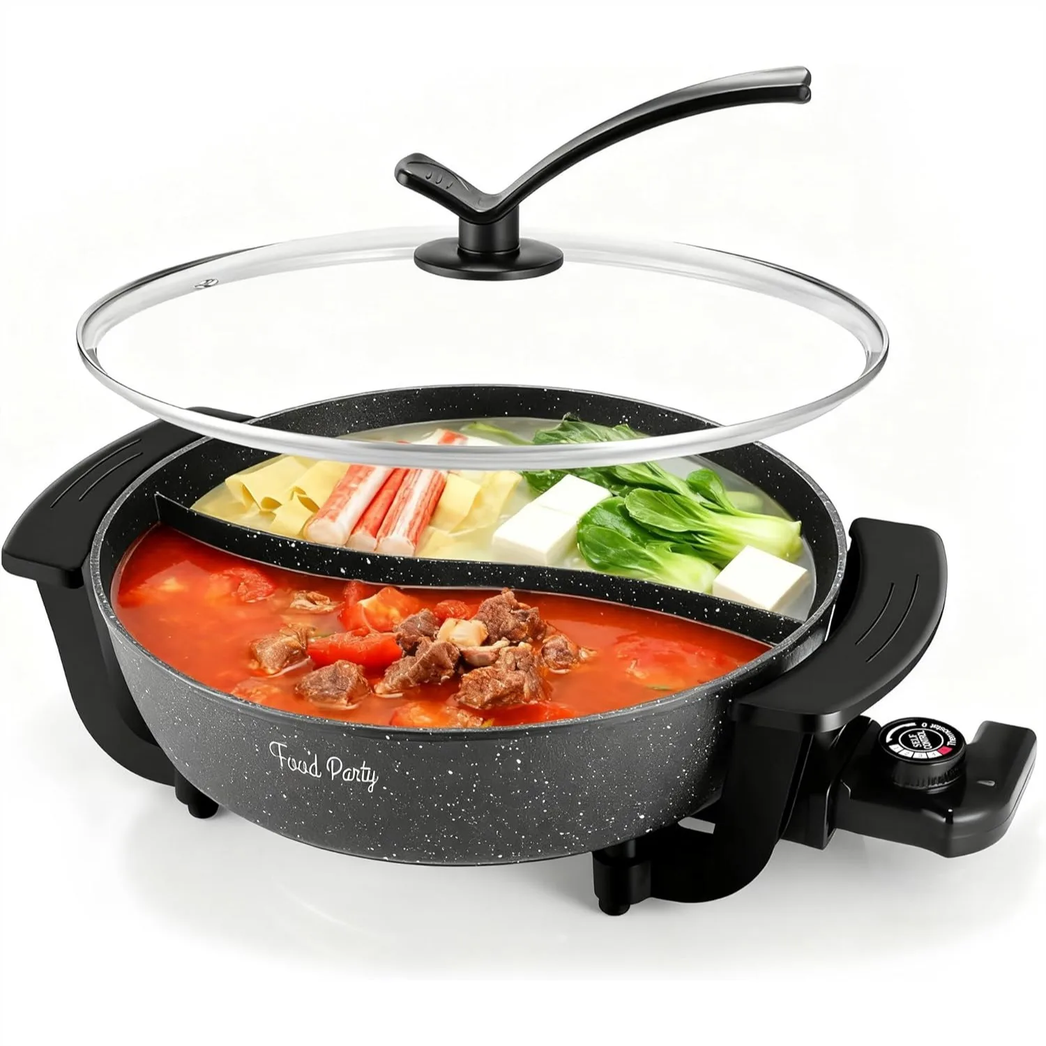 

6L Electric Hot Pot with Divider 1200W 110V Non-Stick Shabu Shabu Pot 5-Level Temperature Control PFOA Free