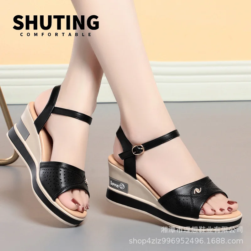 

Summer Women Fashion Sandals Casual Flat Soft Leather Wedges Soft Sole Cozy Butterfly Hollow Breathable Mother Single Shoes