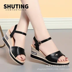 Summer Women Fashion Sandals Casual Flat Soft Leather Wedges Soft Sole Cozy Butterfly Hollow Breathable Mother Single Shoes