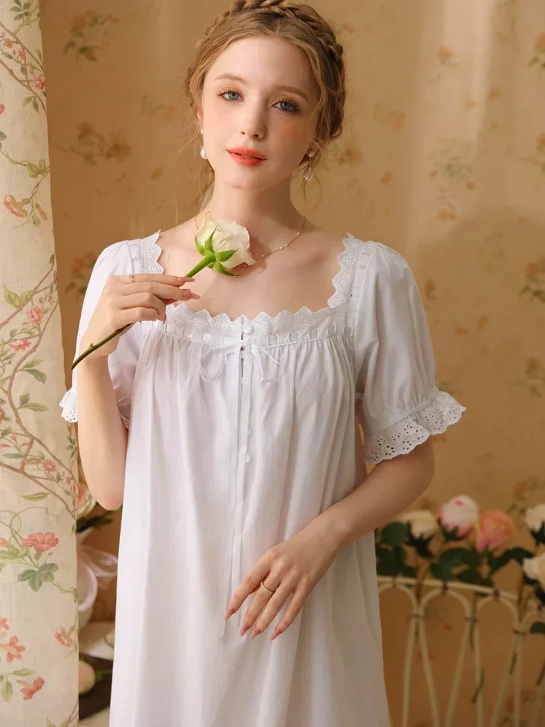 Vintage Palace Style Ruffles Lounge Home Wear Girly Casual Sleepwear Long-sleeved Cotton Nightgown Women's