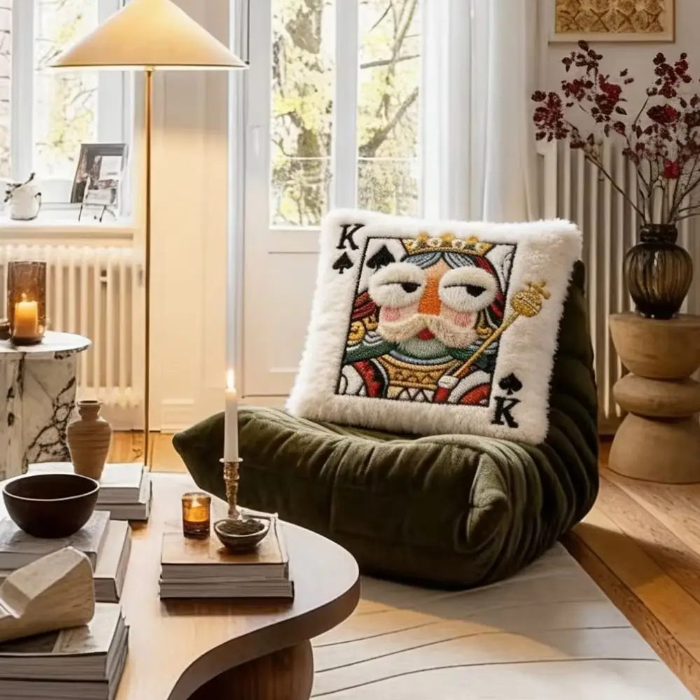 

Patchwork Style Poker Card Cushion 3D Big Eyes High-Value Design Embroidered Pillow Card Game Theme Patchwork Pillow Gift Giving