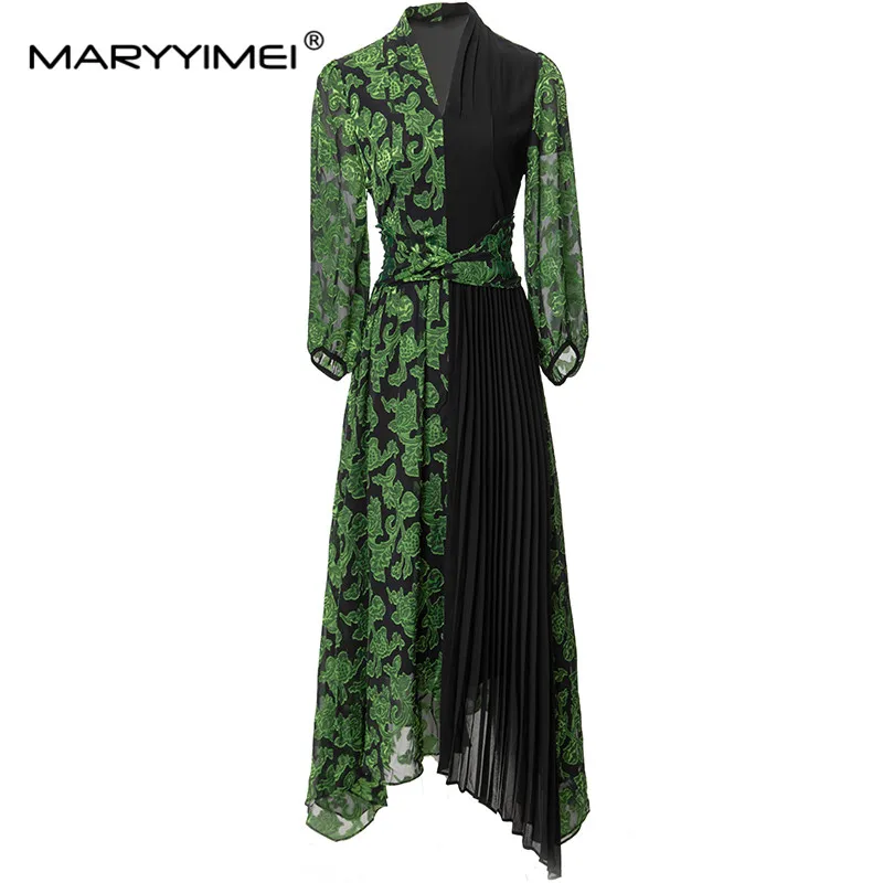 

MARYYIMEI Fashion Designer Summer Women's Velvet Chiffon Splicing Sexy V-Neck Lantern Sleeved Elegant Printed Dresses