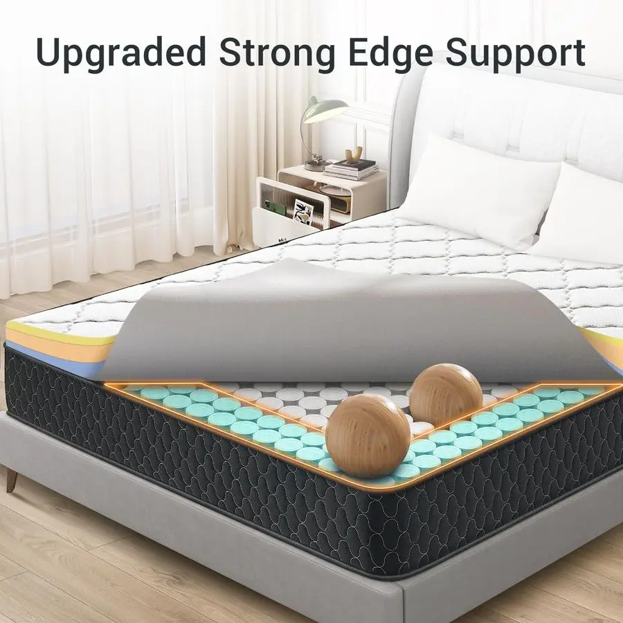 Matelas pleine grandeur en pouces, matelas hybride en mousse à mémoire de forme dans une boîte avec ressorts ensachés emballés individuellement, isolation du mouvement, pression