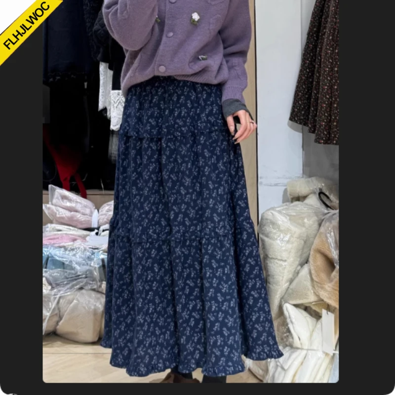 Floral Retro Vintage Skirts Japan Style Mori Girls Cute Sweet Date FLHJLWOC Brand Ruffles Flower Chic High Waist Long Skirt