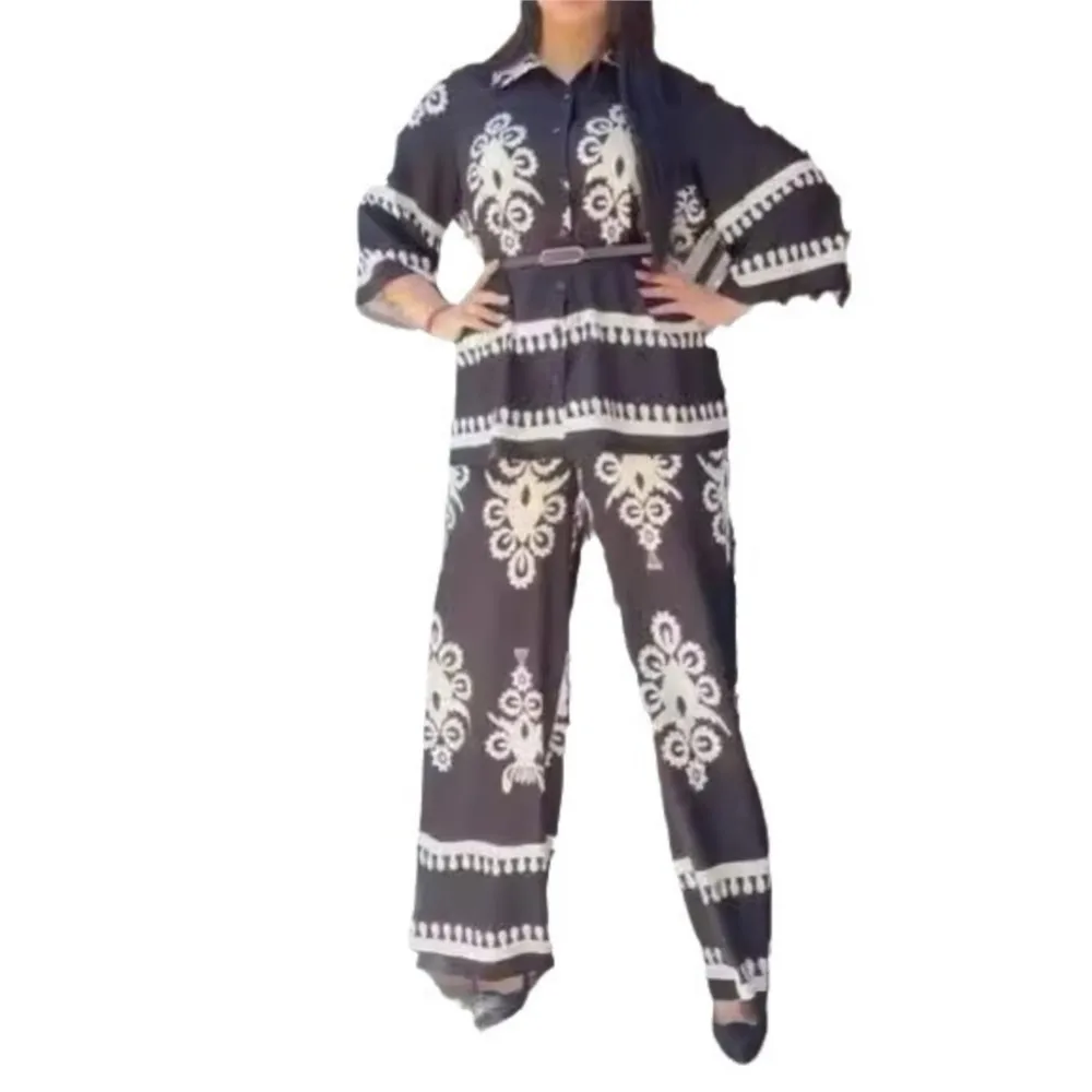 Spring Autumn New Printed Long Sleeved Shirt Women Suit Set Casual Loose Wide Leg Pants Elegant Female Office Pants 2 Piece Set