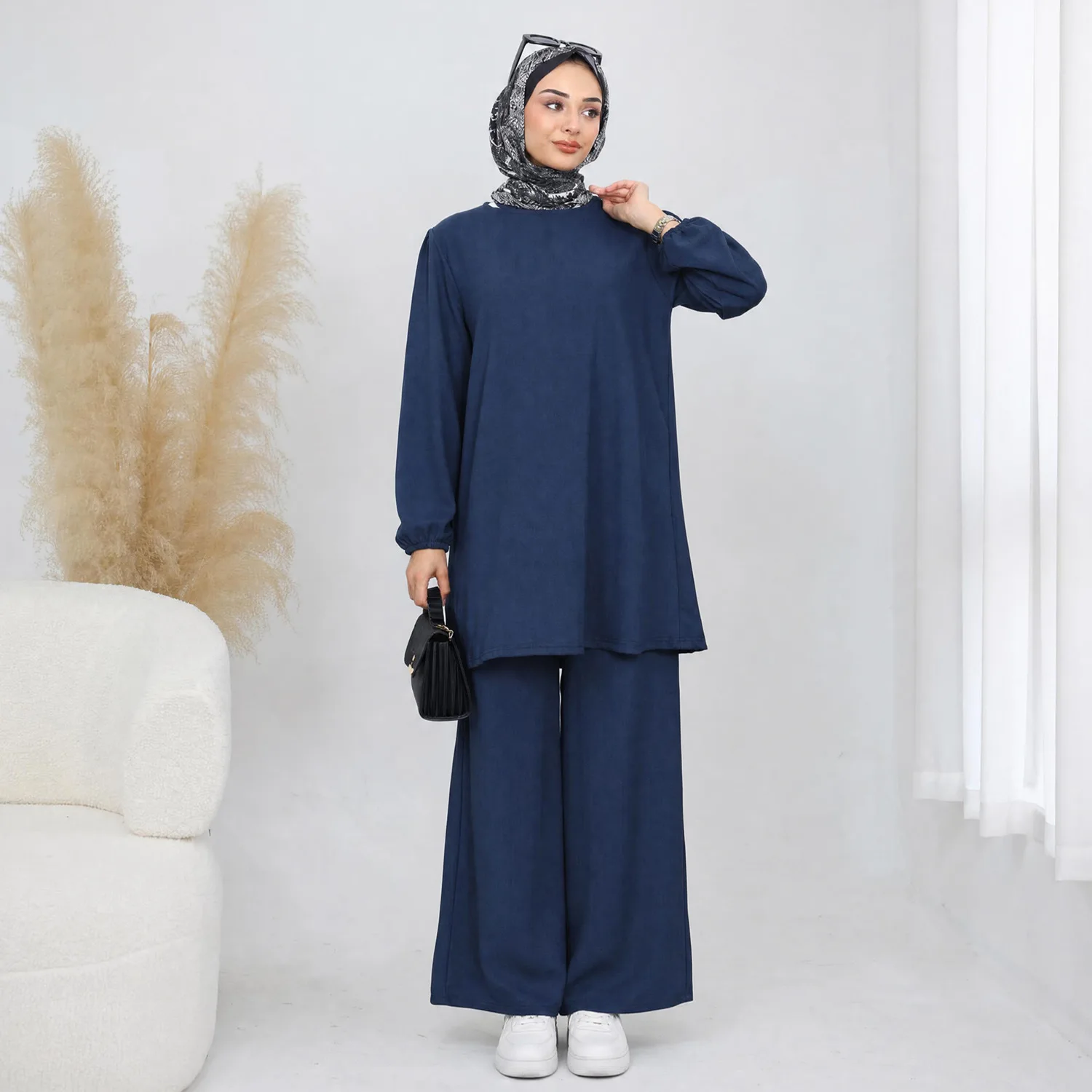 

Eid Women Blouse Wide Leg Pants 2 Piece Set Muslim Top Trousers Ensemble Sashes Morocco Casual Ramadan Outfits Dubai Suit