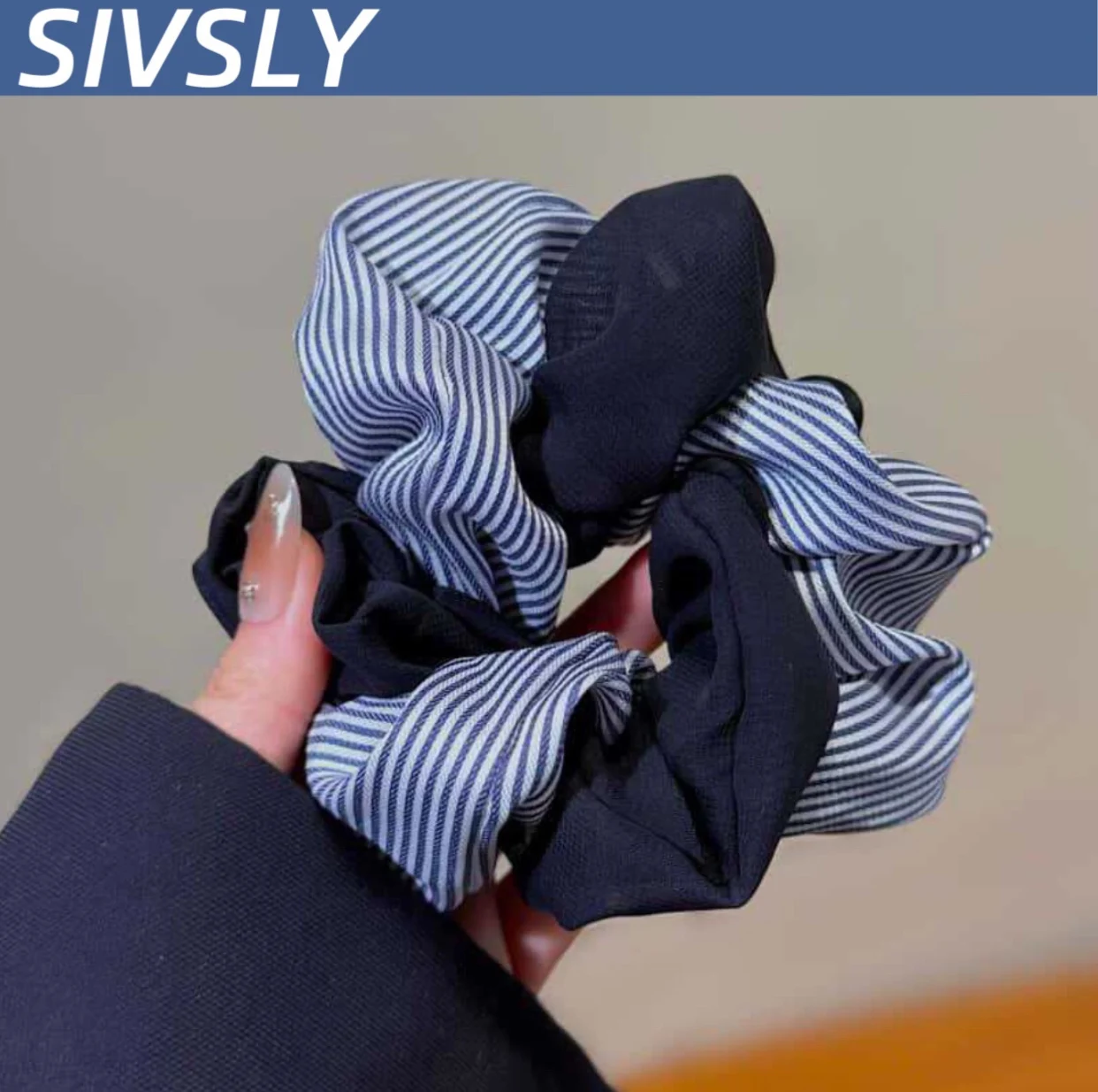 

Korean version of ballet girl high-end exquisite light blue stripe large intestine hair tie headband hair accessory head flower