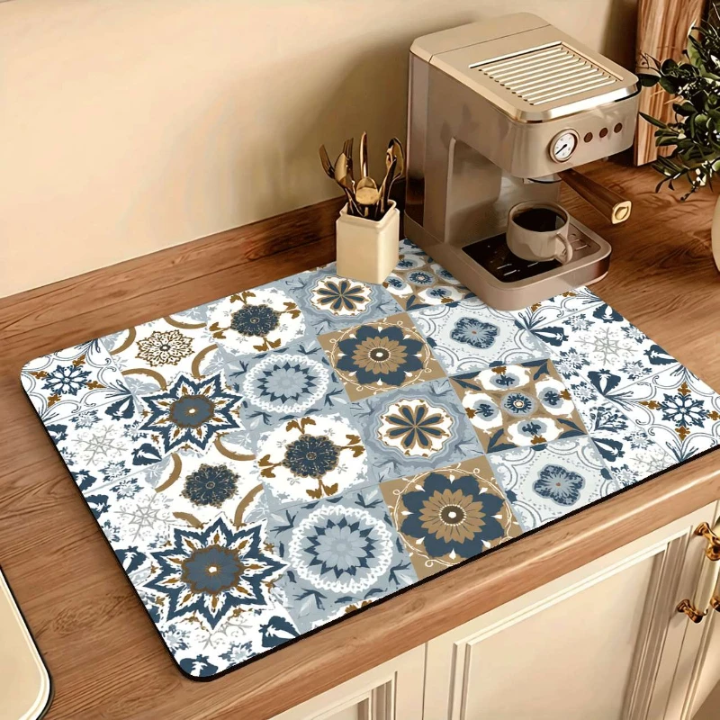 Bohemian Mosaic Tile Kitchen Drying Mat,Coffee Machine Counter,Sink Side Surface,Non Slip,Water Absorbent,Gift